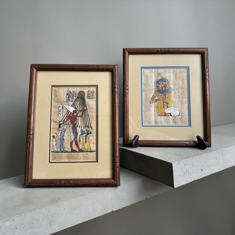 Vintage Egyptian Papyrus Paintings Framed Lot of 2 Akhenaten Nefertiti Musician